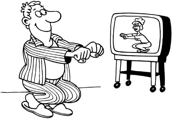 Man doing exercise watching lady on TV exercising vinyl sticker. Customize on line. Health Illness Anatomy 050-0266